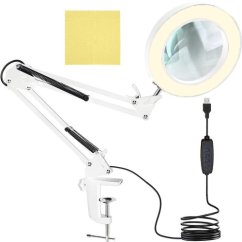 Stolní kruhová lampa s led světlem a lupou bílá